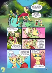 Size: 2425x3390 | Tagged: safe, artist:ginja-hime, artist:lightisanasshole, artist:mekblue, oc, oc:joyful jewel, oc:milli, changeling, earth pony, pony, changeling oc, clothes, comic, dialogue, eart pony oc, eponafest, female, high res, jacket, mare, mascot, milan, ponytail