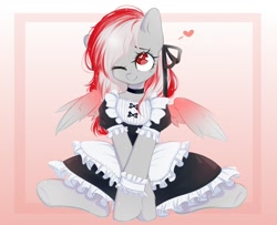 Size: 1280x1040 | Tagged: safe, artist:tоri, oc, oc only, oc:skyshard melody, pegasus, pony, clothes, commission, crossed arms, cute, dress, dressup, female, heart, heart eyes, love, maid, maid headdress, mare, one eye closed, pegasus oc, red eyes, red mane, simple background, sitting, smiling, socks, solo, spread legs, spread wings, spreading, stockings, tail, thigh highs, unamused, white fur, white mane, wingding eyes, wings, wink, ych result