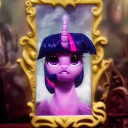 Size: 2048x2048 | Tagged: safe, ai assisted, ai content, artist:zealousmagician, generator:purplesmart.ai, generator:stable diffusion, twilight sparkle, alicorn, pony, g4, blurry background, female, high res, horn, looking up, mare, painting, slender, solo, thin, twilight sparkle (alicorn), wings