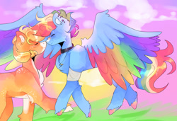 Size: 2048x1400 | Tagged: safe, artist:jupiterscent, applejack, rainbow dash, earth pony, pegasus, pony, g4, abstract background, bandage, bandaid, bandaid on nose, boop, choker, colored wings, duo, ear piercing, eyes closed, female, freckles, jewelry, lesbian, multicolored wings, necklace, noseboop, pale belly, piercing, rainbow hooves, rainbow wings, ship:appledash, shipping, short hair, slender, spread wings, thin, wings