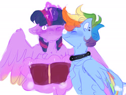Size: 2048x1547 | Tagged: safe, artist:jupiterscent, rainbow dash, twilight sparkle, alicorn, pegasus, pony, g4, blushing, book, cheek kiss, choker, colored sketch, duo, ear piercing, female, floppy ears, glowing, glowing horn, horn, kissing, lesbian, one eye closed, piercing, ship:twidash, shipping, simple background, sketch, twilight sparkle (alicorn), white background