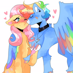 Size: 2048x2048 | Tagged: safe, artist:jupiterscent, fluttershy, rainbow dash, pegasus, pony, g4, alternate hairstyle, bandaid, choker, colored wings, duo, ear piercing, female, floating heart, floppy ears, heart, high res, holding hooves, hug, jewelry, lesbian, multicolored wings, necklace, piercing, rainbow hooves, rainbow wings, ship:flutterdash, shipping, simple background, white background, winghug, wings