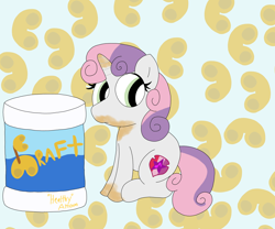 Size: 6048x5036 | Tagged: safe, artist:pinkiepie69, sweetie belle, pony, unicorn, g4, cheese, food, macaroni, macaroni and cheese, messy eating, pasta, solo