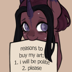 Size: 500x500 | Tagged: safe, artist:gabrilis, oc, oc only, oc:mami, pony, unicorn, advertisement, mouth hold, sign, solo