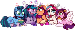 Size: 2028x827 | Tagged: safe, artist:esmeia, izzy moonbow, misty brightdawn, pipp petals, sunny starscout, zipp storm, earth pony, pegasus, pony, unicorn, g5, alternate hairstyle, cornrows, cute, fake cutie mark, female, food, mane stripe sunny, mare, one of these things is not like the others, open mouth, open smile, popcorn, royal sisters (g5), siblings, simple background, sisters, smiling, that pony sure does love popcorn, tongue out, unamused, white background, zipp storm is not amused