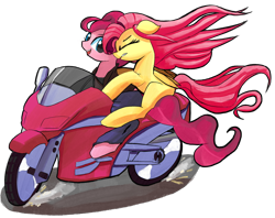 Size: 1200x948 | Tagged: safe, artist:solid shrimp, fluttershy, pinkie pie, earth pony, pegasus, pony, g4, biker, clothes, duo, motorcycle, simple background, speed, transparent background