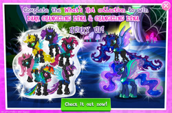 Size: 1957x1293 | Tagged: safe, gameloft, applejack, fluttershy, pinkie pie, princess luna, rainbow dash, rarity, twilight sparkle, changedling, changeling, g4, appleling, changedlingified, changeling mane six, changelingified, collection, costs real money, dashling, duality, english, flutterling, group, horn, insect wings, mane six, mushroom, numbers, pinkling, rariling, species swap, text, twiling, wings