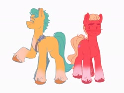 Size: 2048x1536 | Tagged: safe, artist:cloudydr0p, hitch trailblazer, sprout cloverleaf, earth pony, pony, g5, blushing, duo, duo male, gay, looking at each other, looking at someone, male, raised hoof, ship:clovertrail, shipping, smiling, stallion, unshorn fetlocks