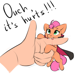 Size: 1808x1788 | Tagged: safe, artist:kittytitikitty, sunny starscout, earth pony, pony, undead, vampire, g5, biting, blood, clothes, costume, cute, engrish, grammar error, halloween, halloween costume, hand, holiday, micro, sketch, sunnybetes, tiny, tiny ponies