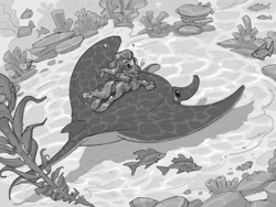 Size: 1200x900 | Tagged: safe, artist:gor1ck, oc, oc only, crab, fish, manta ray, pony, advertisement, black and white, commission, diving, flippers (gear), grayscale, monochrome, ocean, scuba gear, seaweed, solo, swimming, underwater, water, your character here