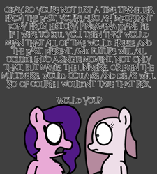 Size: 1275x1414 | Tagged: safe, artist:professorventurer, pinkie pie, pipp petals, earth pony, pegasus, pony, series:ask pippamena, g5, creepypasta, duo, duo female, explanation, female, gray background, lesson, pinkamena diane pie, pippamena, quantum theory, simple background