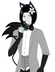 Size: 1300x1700 | Tagged: artist needed, safe, artist:decokenite, chancellor neighsay, human, g4, anime, clothes, cute, enceladus, enceladus but he's real, flower, flower in hair, humanized, looking at someone, male, roblox, simple background, suit, tail, transparent background, tuxedo