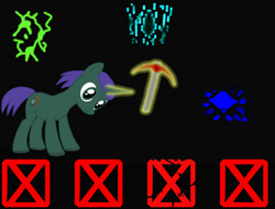 Size: 2100x1600 | Tagged: safe, artist:xada, oc, oc:harmonious percussion, pony, unicorn, black background, dark background, dirty hooves, green coat, green eyes, magic, pickaxe, purple mane, simple background, solo, telekinesis