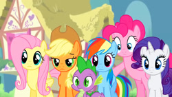 Size: 1280x720 | Tagged: safe, screencap, applejack, fluttershy, pinkie pie, rainbow dash, rarity, spike, earth pony, pegasus, pony, unicorn, g4, season 4, twilight's kingdom, female, male, mare