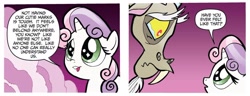 Size: 1334x513 | Tagged: safe, artist:tony fleecs, idw, discord, sweetie belle, draconequus, pony, unicorn, g4, my little pony: friends forever, spoiler:comic, comic, dialogue, duo, female, filly, foal, male, teary eyes