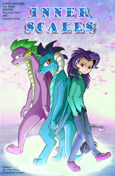 Size: 724x1103 | Tagged: safe, artist:thetffactory, princess ember, spike, human, g4, adult, cover art, older, older spike