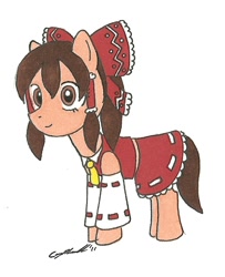 Size: 594x733 | Tagged: safe, artist:cqmorrell, earth pony, pony, bow, clothes, crossover, female, hakurei reimu, mare, miko, ponified, simple background, skirt, solo, touhou, traditional art, white background