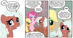 Size: 1334x699 | Tagged: safe, artist:carla speed mcneil, idw, official comic, applejack, pinkie pie, toffee truffle, earth pony, pony, g4, my little pony: friends forever, spoiler:comic, dialogue, female, mare, teary eyes, trio