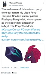 Size: 720x1176 | Tagged: safe, fizzlepop berrytwist, tempest shadow, pony, unicorn, g4, my little pony: the movie, batman, broken horn, bust, cursor, dc comics, female, hashtag, horn, lego, male, meta, photo, solo, twitter, twitter link