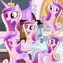 Size: 720x720 | Tagged: safe, edit, editor:megalobronia, screencap, princess cadance, alicorn, pony, a canterlot wedding, equestria games (episode), g4, games ponies play, season 2, season 3, season 4, three's a crowd, collage, colored wings, concave belly, crown, dreamworks face, folded wings, gradient wings, jewelry, peytral, regalia, slender, thin, wings