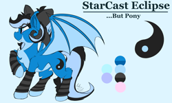 Size: 2500x1500 | Tagged: safe, artist:starcasteclipse, oc, oc only, oc:starcast, bat pony, pony, bow, cutie mark, fangs, female, hair bow, horns, raised hoof, reference sheet, side view, smiling, solo