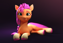 Size: 1337x913 | Tagged: safe, artist:luminousdazzle, derpibooru exclusive, sunny starscout, earth pony, pony, g5, 3d, 3d model, blender, blender cycles, braid, dark background, female, full body, looking at you, lying down, mare, render, smiling, smiling at you, solo, unshorn fetlocks