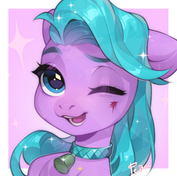 Size: 1354x1349 | Tagged: safe, artist:fedos, oc, oc only, oc:romdiel, crystal pony, pony, bell, bell collar, blood, blue eyes, bust, collar, slave, smiling, solo, sparkles