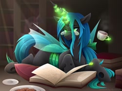 Size: 1032x773 | Tagged: safe, artist:buvanybu, queen chrysalis, twilight sparkle, changeling, changeling queen, pony, g4, alternate hairstyle, book, cup, female, food, glasses, library, looking down, lying down, magic, pillow, plate, ponytail, prone, saucer, solo focus, telekinesis