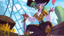 Size: 2000x1125 | Tagged: safe, artist:playfurry, captain celaeno, bird, ornithian, anthro, g4, my little pony: the movie, blouse, breasts, busty captain celaeno, clothes, cutlass, ear piercing, earring, female, hat, jewelry, pants, parrot pirates, piercing, pirate, ship, shirt, sitting, solo, sword, treasure chest, weapon