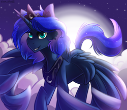 Size: 1436x1252 | Tagged: safe, artist:yuris, princess luna, alicorn, pony, g4, blue eyes, blue mane, blue tail, cloud, crown, cute, digital art, ears up, ethereal mane, ethereal tail, feather, female, flowing mane, flowing tail, flying, happy, horn, jewelry, mare, moon, moonlight, night, night sky, peytral, regalia, signature, sky, smiling, solo, sparkles, spread wings, stars, tail, teeth, wings