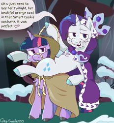 Size: 3280x3536 | Tagged: safe, artist:gay_smilesss, clover the clever, princess platinum, rarity, twilight sparkle, pony, unicorn, g4, hearth's warming eve (episode), bridle, chest fluff, colored hooves, dialogue, duo, eyebrows, eyebrows visible through hair, female, high res, implied applejack, implied lesbian, implied rarijack, implied shipping, lesbian, lidded eyes, lying down, mare, on back, ponies riding ponies, rarity riding twilight, riding, riding a pony, speech bubble, tack, unamused, unicorn twilight