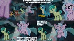 Size: 4400x2475 | Tagged: safe, edit, edited screencap, editor:quoterific, screencap, gallus, ocellus, sandbar, silverstream, smolder, yona, classical hippogriff, hippogriff, yak, g4, what lies beneath, student six, treelight sparkle