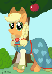 Size: 849x1200 | Tagged: safe, artist:darkdabula, applejack, earth pony, pony, g4, apple, clothes, food, solo, tree