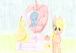 Size: 2000x1391 | Tagged: safe, artist:ragmo, applejack, earth pony, pony, g4, apple, blue ribbon, colored pencil drawing, food, pear, podium, traditional art