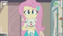 Size: 640x360 | Tagged: safe, screencap, fluttershy, dog, human, equestria girls, g4, my little pony equestria girls: better together, outtakes (episode), animated, duo, female, gif, gifs.com, holding a dog, tongue out