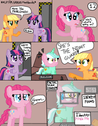 Size: 2550x3267 | Tagged: safe, artist:alyssafire, artist:nightshadowmlp, applejack, lyra heartstrings, pinkie pie, twilight sparkle, alicorn, earth pony, pony, unicorn, comic:five am at pinkie's: the prequel, g4, comic, exclamation point, female, high res, interrobang, mare, mask, question mark, shocked, shocked expression, smiley face, sweat, sweatdrop, text, twilight sparkle (alicorn)