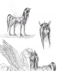 Size: 1100x1333 | Tagged: safe, artist:baron engel, oc, oc only, oc:fantasy, oc:sky brush, pegasus, pony, butt, female, kissing, male, mare, monochrome, pencil drawing, plot, shower, simple background, spread wings, stallion, story included, straight, traditional art, wet, wet mane, white background, wingboner, wings