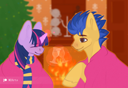 Size: 1280x885 | Tagged: safe, artist:macyw, flash sentry, twilight sparkle, alicorn, earth pony, pony, g4, 2021, christmas, clothes, couple, duo, fanart, female, fire, fireplace, happy new year, holiday, love, male, new year, romantic, scarf, ship:flashlight, shipping, straight, striped scarf, twilight sparkle (alicorn)
