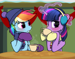 Size: 6499x5148 | Tagged: safe, artist:dacaoo, rainbow dash, twilight sparkle, pegasus, pony, unicorn, g4, my little pony best gift ever, absurd resolution, blushing, chocolate, clothes, cup, cute, duo, duo female, earmuffs, female, food, hat, hot chocolate, lesbian, magic, mare, mistletoe, scarf, ship:twidash, shipping, shoes, striped scarf, telekinesis, this will end in kisses, unicorn twilight, winter outfit