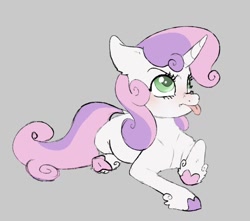Size: 844x745 | Tagged: safe, artist:woollyart, sweetie belle, pony, unicorn, g4, :p, blushing, colored hooves, female, filly, foal, gray background, grumpy, looking up, lying down, prone, simple background, solo, tongue out, underhoof, unshorn fetlocks