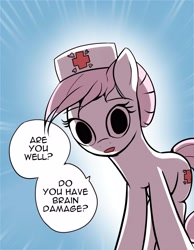 Size: 2510x3230 | Tagged: safe, artist:/d/, nurse redheart, earth pony, pony, abstract background, brain damage, female, hat, looking at you, meme, ponified meme, reference, scott pilgrim vs the world, solo, speech, speech bubble, talking