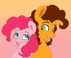 Size: 1070x875 | Tagged: safe, artist:woollyart, cheese sandwich, pinkie pie, earth pony, pony, g4, eye contact, female, gradient background, looking at each other, looking at someone, looking back, male, mare, open mouth, open smile, ship:cheesepie, shipping, smiling, stallion, straight