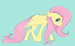 Size: 1265x784 | Tagged: safe, artist:woollyart, fluttershy, pegasus, pony, g4, aside glance, blushing, colored eartips, ear blush, female, floppy ears, freckles, long tail, looking at you, mare, partially open wings, shy, simple background, slumped, solo, tail, teal background, walking, wings