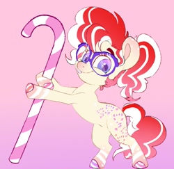 Size: 919x893 | Tagged: safe, artist:woollyart, twist, earth pony, pony, g4, alternate cutie mark, bipedal, bipedal leaning, candy, candy cane, colored hooves, female, filly, foal, food, glasses, leaning, looking at you, redesign, simple background, smiling, solo