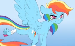 Size: 1449x899 | Tagged: safe, artist:woollyart, rainbow dash, pegasus, pony, g4, alternative cutie mark placement, bandage, bandaid, bandaid on nose, colored hooves, female, freckles, lidded eyes, mare, slender, smiling, solo, spread wings, thin, wings