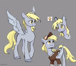 Size: 4096x3550 | Tagged: safe, artist:laymy, derpy hooves, pegasus, pony, g4, blushing, female, food, gray background, high res, mailmare, mailmare uniform, mare, muffin, pictogram, simple background, smiling, solo, speech bubble, spread wings, unshorn fetlocks, wings