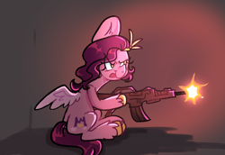 Size: 640x440 | Tagged: safe, artist:kreeeeeez, pipp petals, pegasus, pony, g5, badass, colored hooves, colored wings, crown, eye clipping through hair, female, gun, jewelry, mare, no pupils, reddit, regalia, shiny mane, sitting, solo, tongue out, unshorn fetlocks, weapon, wings