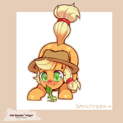 Size: 1200x1200 | Tagged: safe, artist:cold-blooded-twilight, applejack, earth pony, pony, g4, applejack's hat, ass up, blushing, butt freckles, cowboy hat, crouching, cute, dock, female, filly, freckles, hat, heart, heart eyes, jackabetes, looking at something, looking down, plant, raised tail, signature, smiling, solo, sprout, tail, wingding eyes
