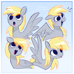 Size: 2372x2357 | Tagged: safe, artist:syrupyyy, derpy hooves, pegasus, pony, g4, :o, :p, blushing, cute, derpabetes, emanata, eye clipping through hair, female, floppy ears, folded wings, high res, mare, no catchlights, open mouth, open smile, ponytober, smiling, solo, spread wings, tongue out, wings
