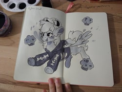 Size: 4000x3000 | Tagged: safe, artist:cutepencilcase, derpy hooves, pegasus, pony, g4, clothes, female, flying, food, hoodie, mare, muffin, open mouth, open smile, smiling, solo, traditional art